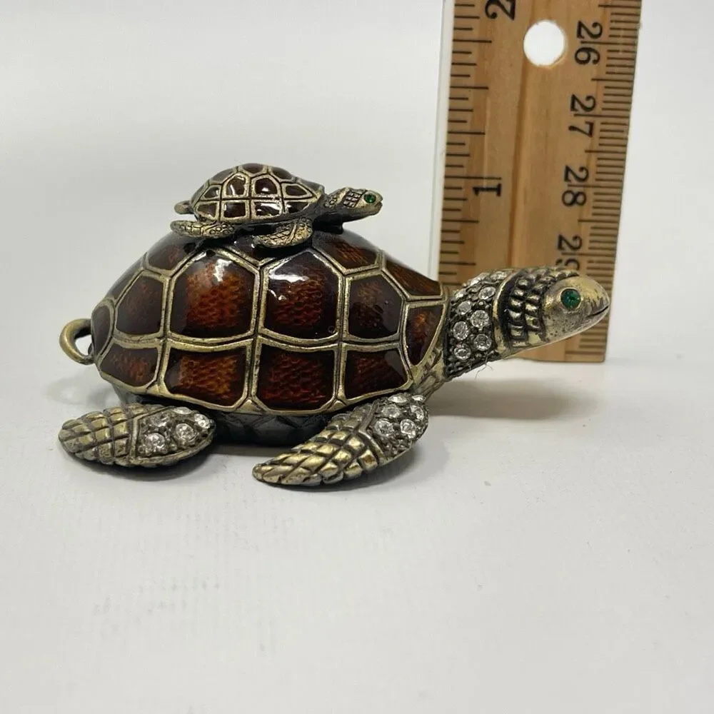 Sea Turtle & Baby Rhinestone Enamel Metal Trinket Pill Ring Box Hinged Magnetic